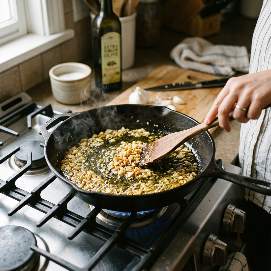 Hand stirring chopped garlic sizzling in oil in a cast iron pan on lit gas stove